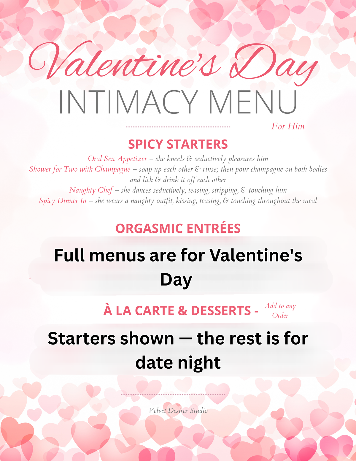 Valentine's Day Intimacy Menu for Him — Physical Version, Professionally Printed & Shipped